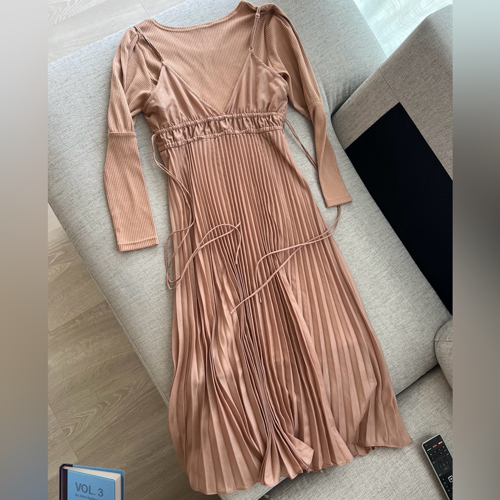 Elegant Tan Pleated Dress
